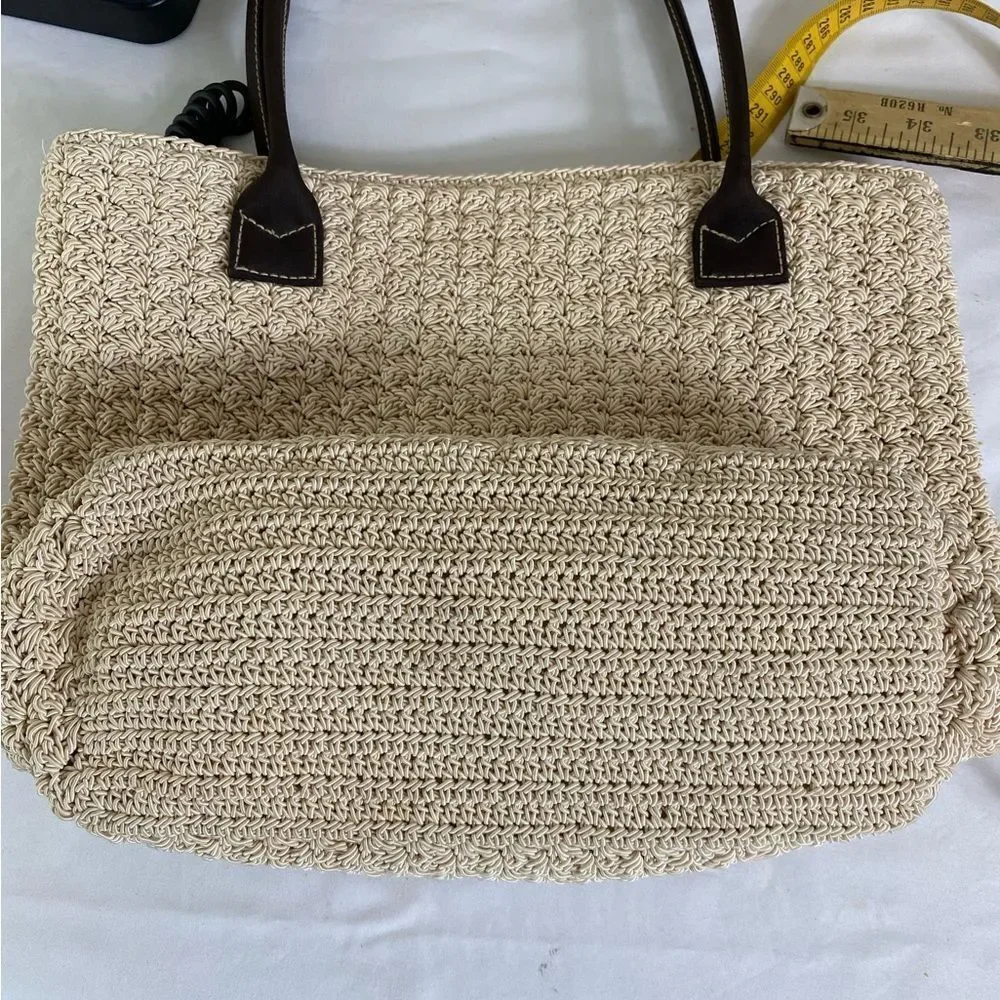 Chic Beige Tote Bag with Brown handles crochet